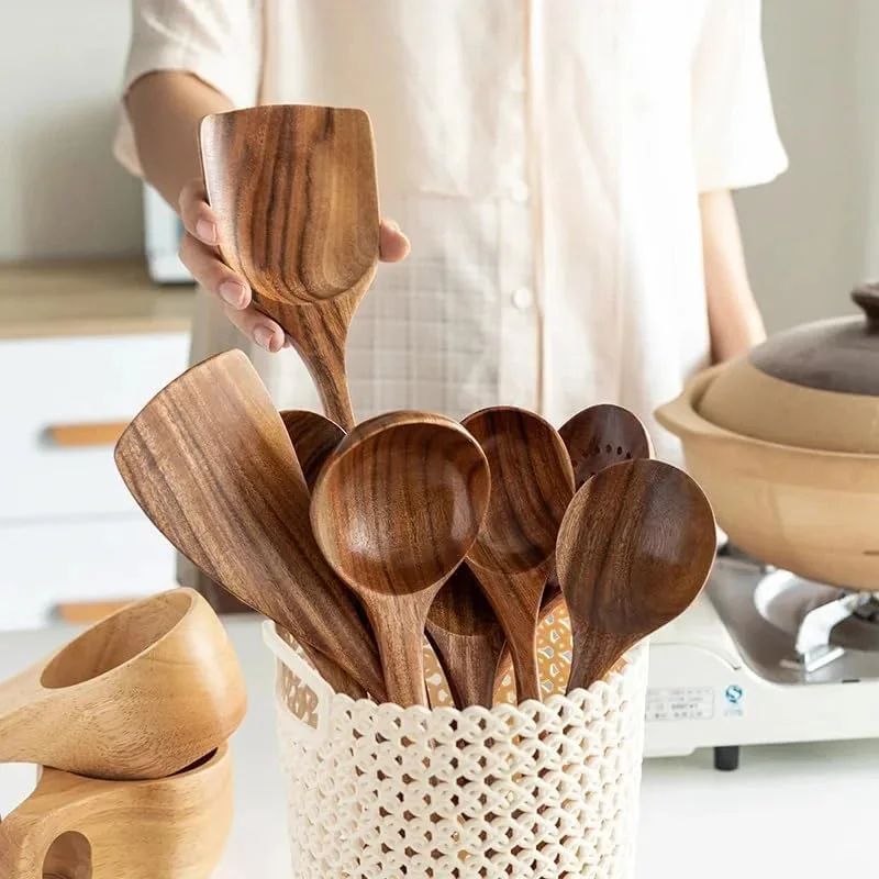 ست قاشق چوبی آشپزی AFZAL KITCHEN، 10 تکه + 7 قلاب. ست کفگیر چوبی برای آشپزی، ساخته شده از چوب ساج طبیعی به همراه پوره ساز تخم مرغ...