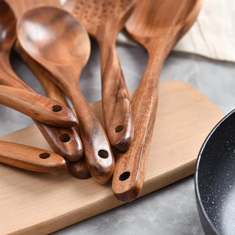 ست قاشق چوبی آشپزی AFZAL KITCHEN، 10 تکه + 7 قلاب. ست کفگیر چوبی برای آشپزی، ساخته شده از چوب ساج طبیعی به همراه پوره ساز تخم مرغ...