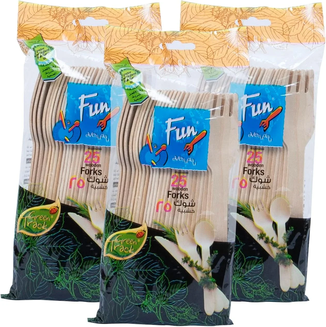 فن بای البیادر (FUN BY AL BAYADER) فن Promopack Eco Friendly ست چنگال چوبی یکبار مصرف - ظروف کارد و چنگال سنگین مناسب برای مهمانی ها و رستوران ها 6.5 اینچ - بسته 25 X 3 عددی