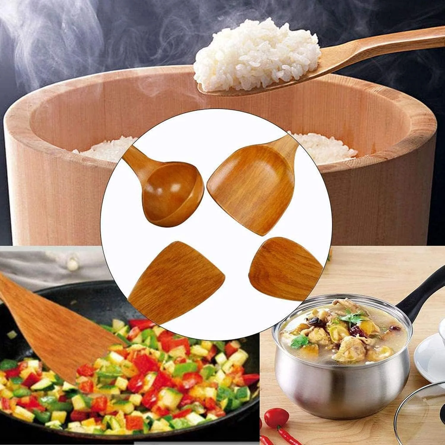 ست 4 تکه ظروف آشپزخانه چوبی، ابزار پخت و پز ایمن نچسب، قاشق و کفگیر چوبی طبیعی، ظروف آشپزی سازگار با محیط زیست برای سرآشپز خانه
