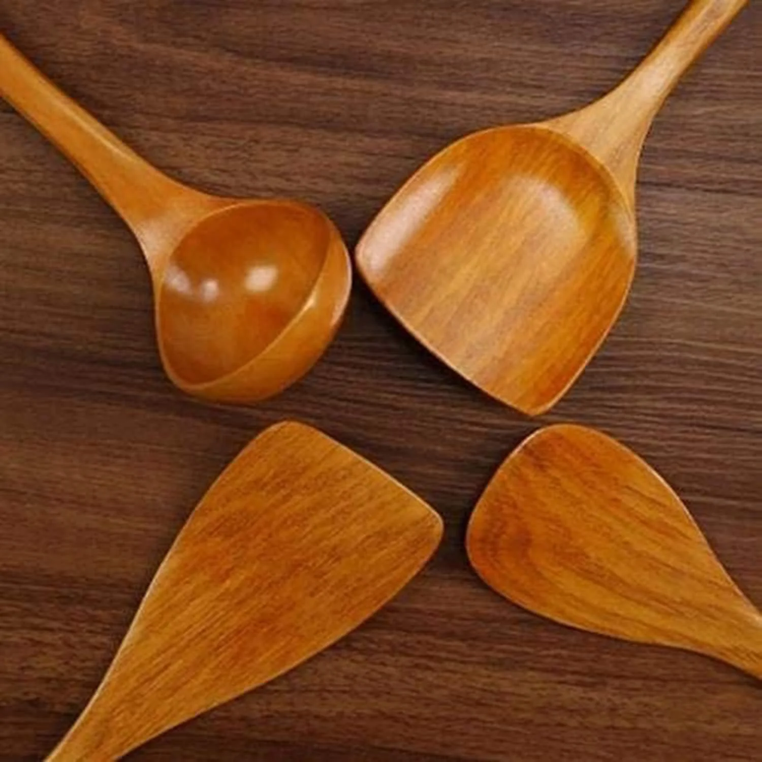 ست 4 تکه ظروف آشپزخانه چوبی، ابزار پخت و پز ایمن نچسب، قاشق و کفگیر چوبی طبیعی، ظروف آشپزی سازگار با محیط زیست برای سرآشپز خانه