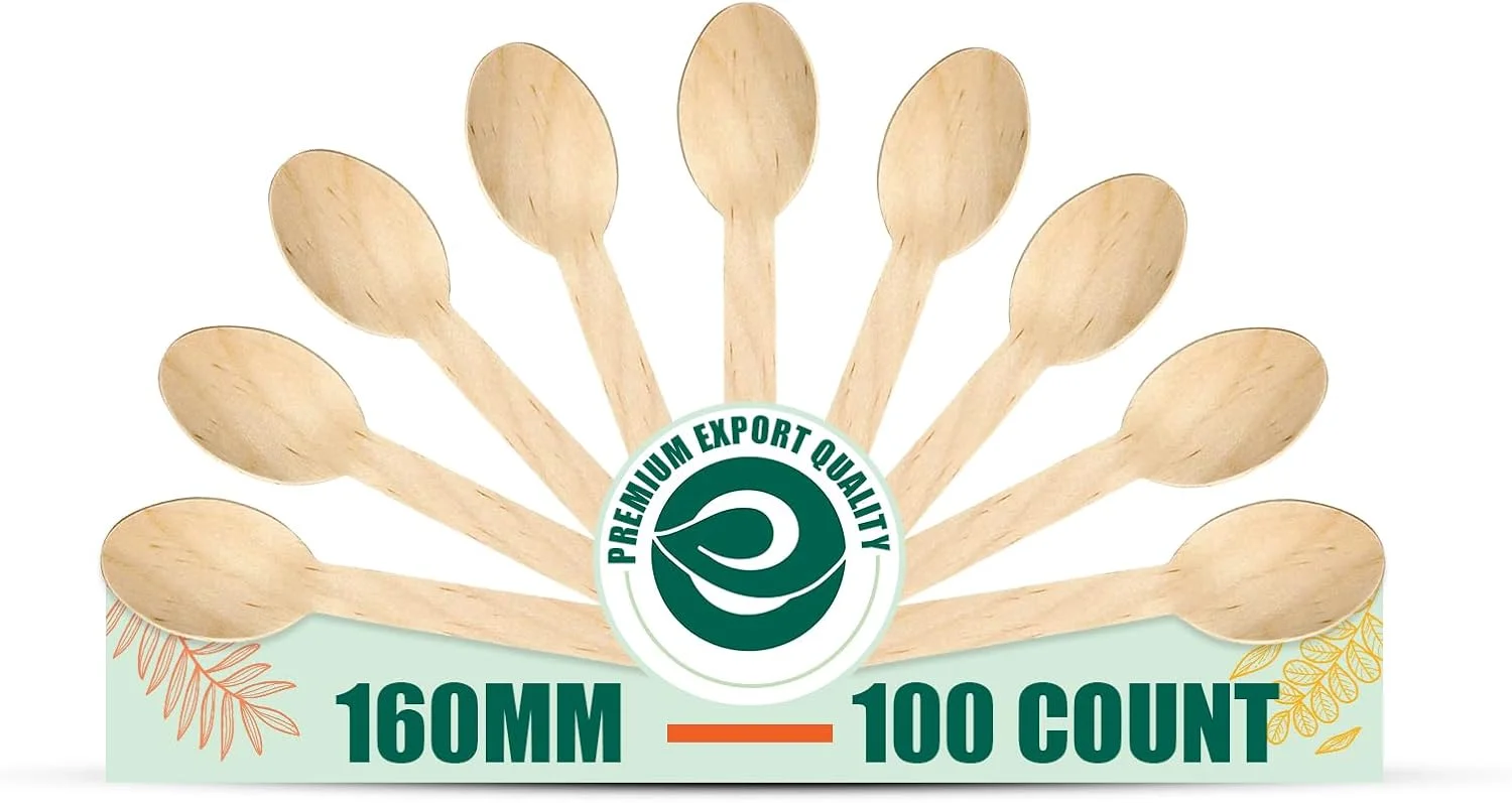ECO SOUL [160mm، بسته 100 عددی] قاشق یکبار مصرف چوبی، مناسب برای تولد کودکان، عروسی و مهمانی