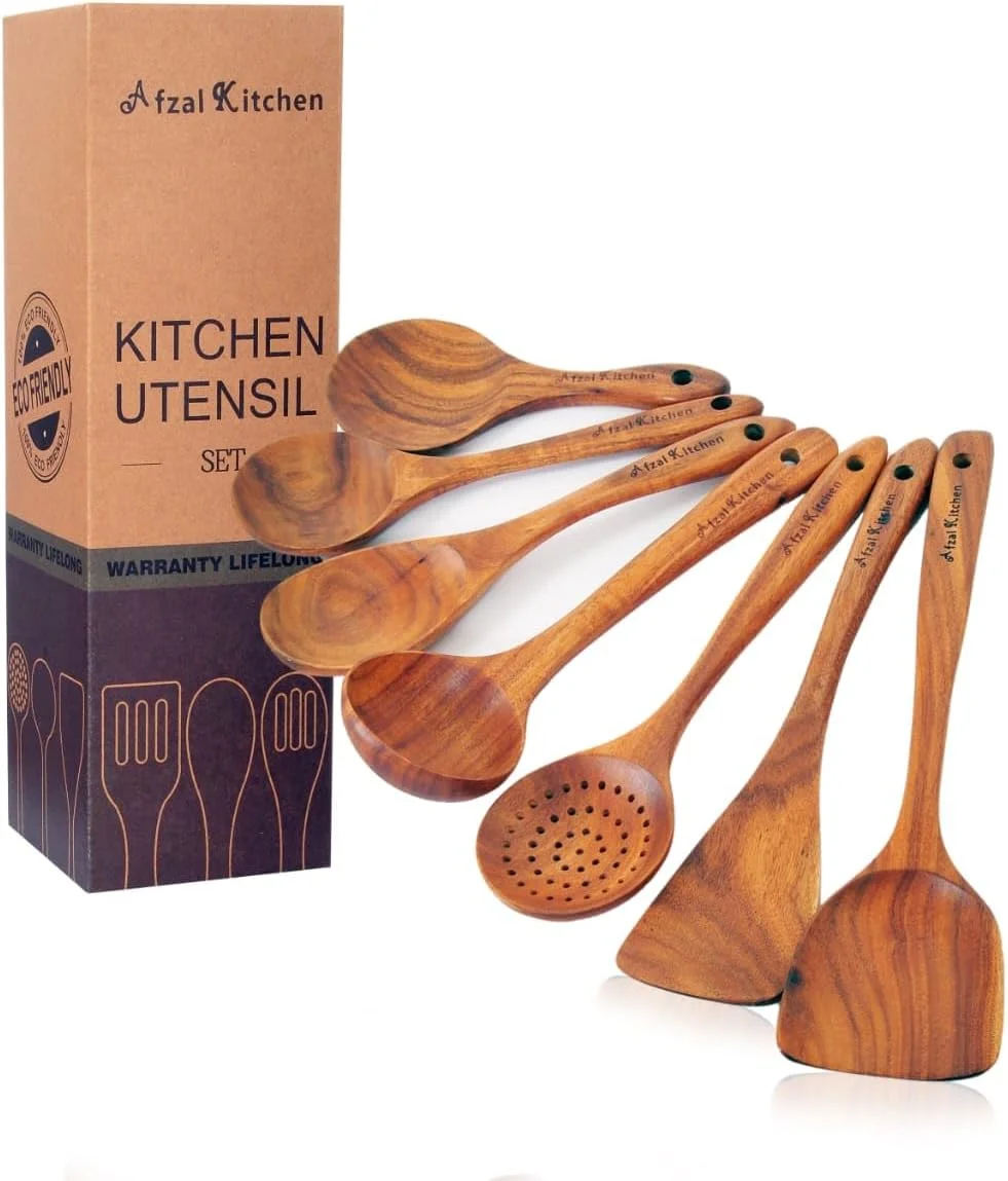 ست قاشق آشپزی چوبی از جنس چوب ساج AFZAL KITCHEN، این ست 7 تکه از چوب ساج طبیعی ساخته شده است، دسته بلندتر