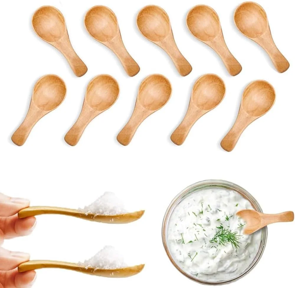 قاشق چای خوری چوبی کوچک X spring، بسته 10 عددی قاشق بستنی و نمک دست ساز، قاشق عسل چوبی جامد، قاشق چای خوری چوبی دسته کوتاه کوچک برای استفاده روزانه، ست قاشق چوبی برای چاشنی، 8 سانتی متر 3.2 سانتی متر