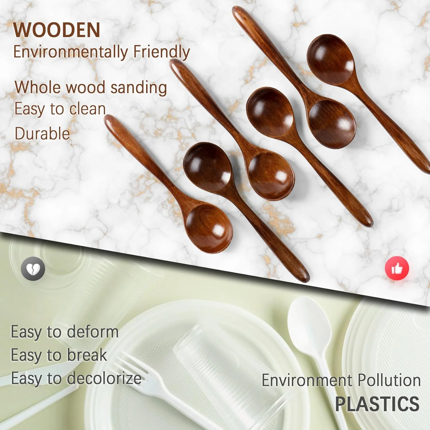 قاشق چوبی عسل هفیلد 6 عددی، قاشق چوبی کوچک 6.7 اینچی - عالی برای چای، قهوه و سوپ، ست قاشق غذاخوری چوبی کوچک، قاشق چای خوری بامبو عمده برای غذا خوردن با طراحی منحصر به فرد