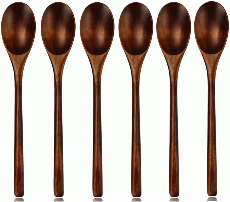 قاشق چوبی برای غذا خوردن، ست 6 عددی قاشق چوبی بیضی شکل گیاهی طبیعی ژاپنی برای پخت و پز، مخلوط کردن، هم زدن، عسل، چای، نوشابه، دسر، کاسه نارگیل، قابلمه های نچسب آشپزخانه