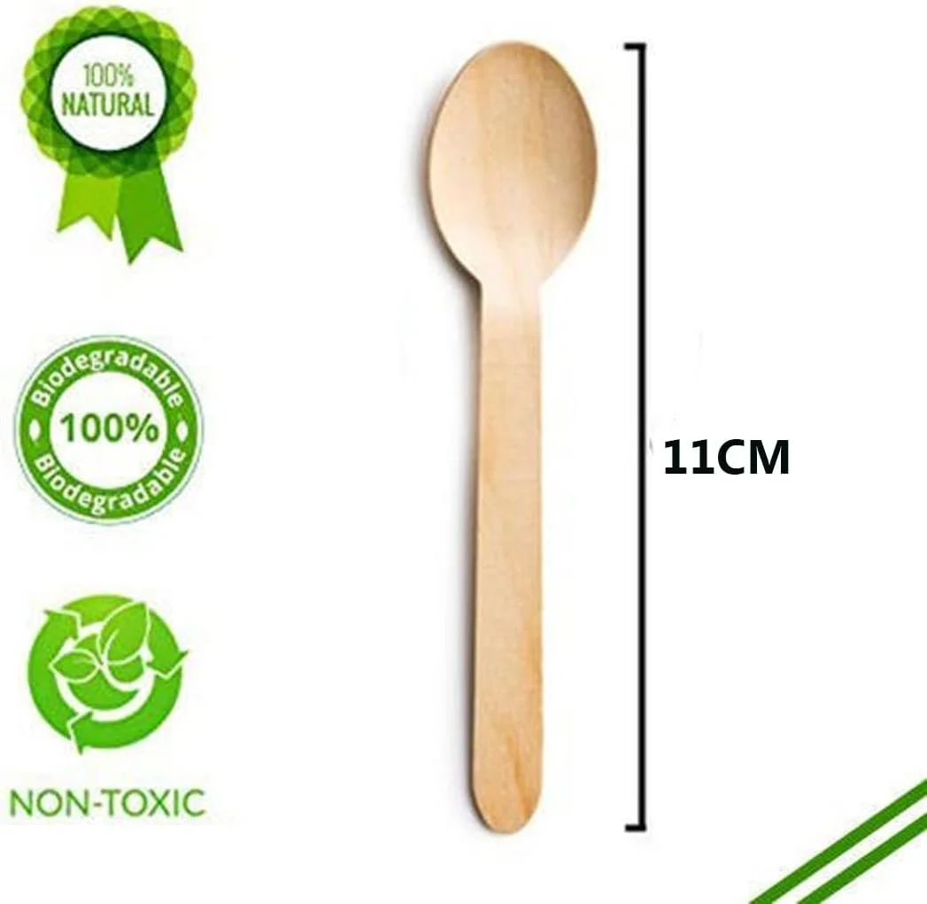 قاشق چوبی دسر خوری کوچک رزی.مومنت، جایگزین طبیعی پلاستیک، ست قاشق یکبار مصرف [11 سانتی متر - بسته 100 عددی]