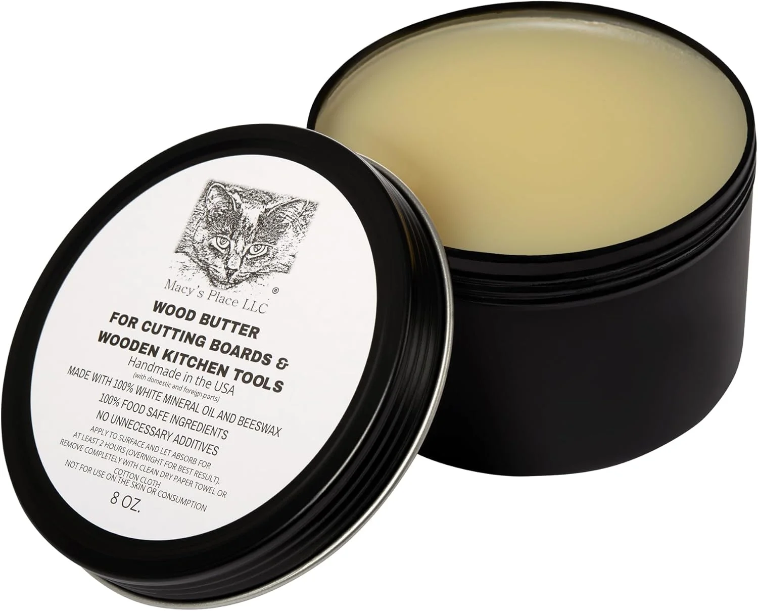 کره چوب Macy's Place برای تخته برش چوبی - 227 گرم - نرم کننده برای تخته قصابی و ابزارهای آشپزخانه چوبی. روغن معدنی خوراکی و موم زنبور عسل برای ابزارهای چوبی. حمایت از نجات حیوانات