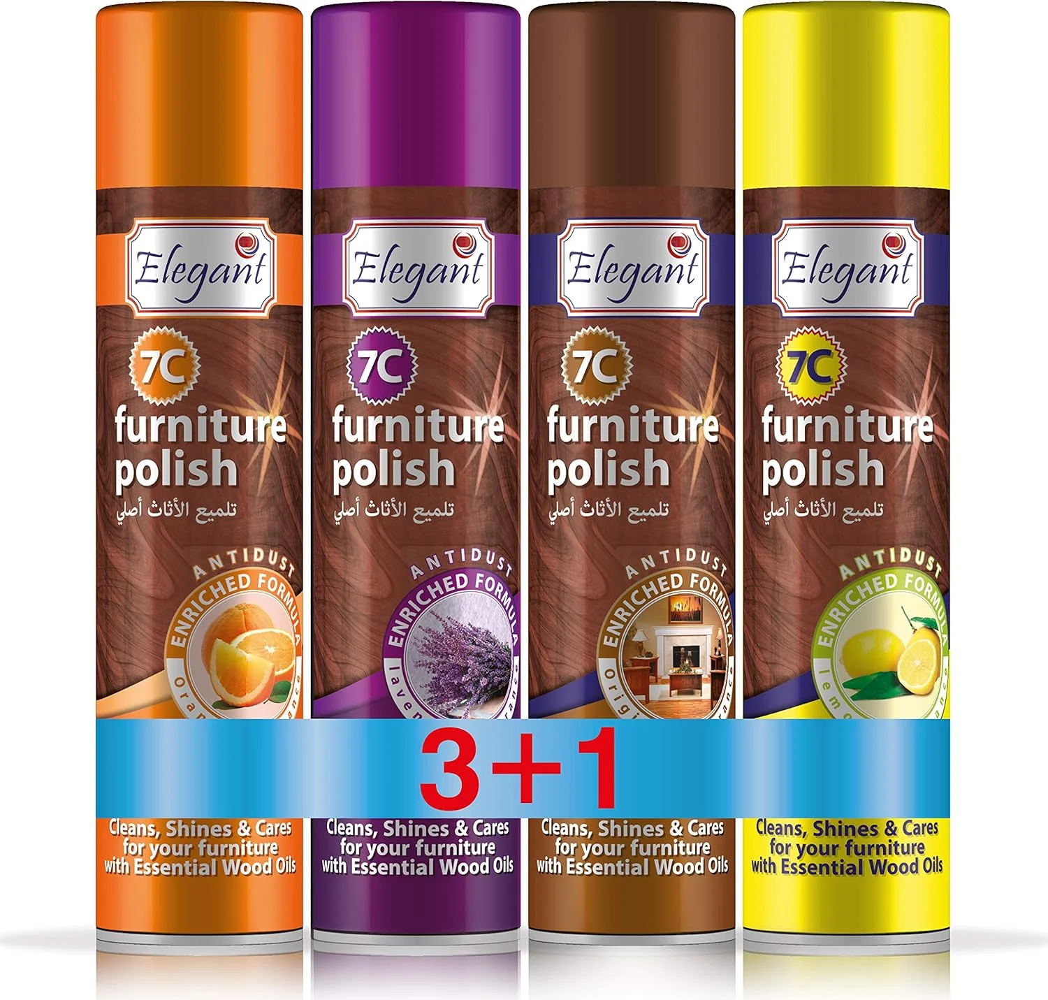 پولیش مبلمان Elegant - 300 میلی لیتر - بسته 4 عددی متنوع - روغن های ضروری چوب - فرمول غنی شده ضد گرد و غبار - تمیز کننده، براق کننده و مراقبت از مبلمان شما