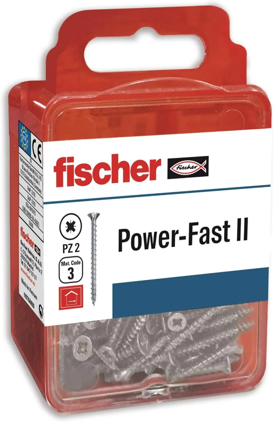 پیچ چوب مخصوص فیشر Power-Fast II جعبه ای 3x16 میلی متر برای پیچ کاری چوب، اتصال چوب های جامد یا ثابت کردن قطعات به چوب، 40 عدد