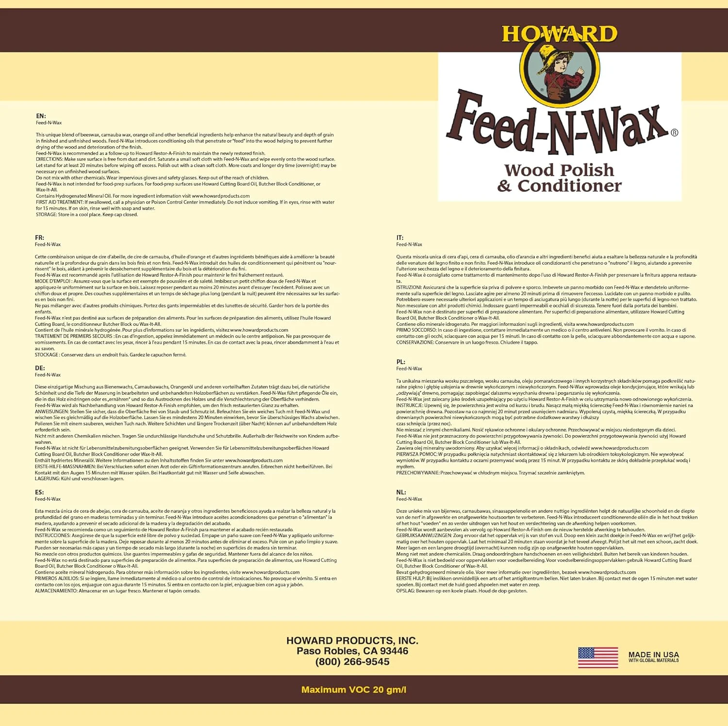 پولیش و نرم کننده چوب موم عسل هاوارد، Feed-N-Wax برای پولیش مبلمان چوبی، 140 میلی لیتر، نارنجی پولیش و نرم کننده چوب موم عسل هاوارد، Feed-N-Wax برای پولیش مبلمان چوبی، 140 میلی لیتر، نارنجی