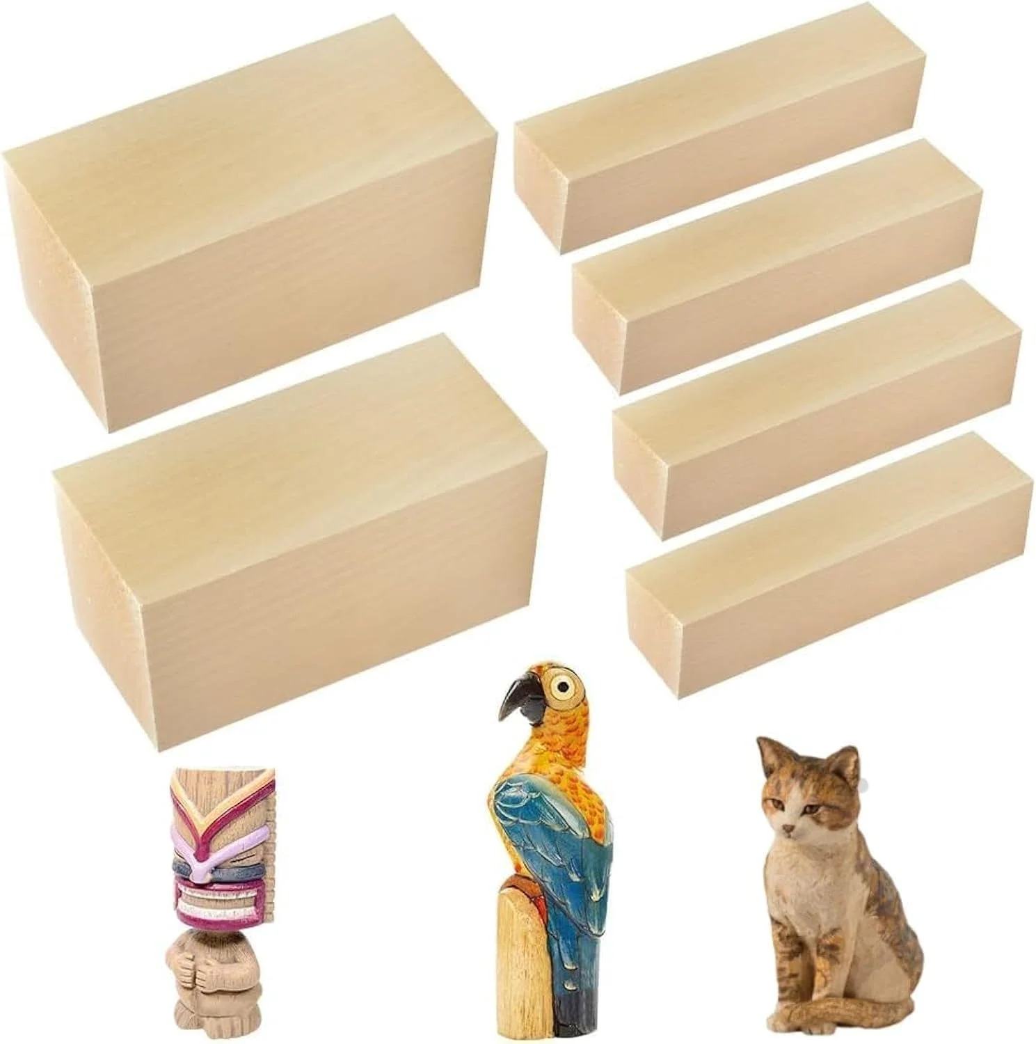 بسته 6 عددی بلوک های چوبی حکاکی Basswood SIYISIYINGSAERY، 2 سایز مختلف، بلوک های چوبی ناتمام، تخته چوب خالی، کیت حکاکی چوبی طبیعی برای کودکان، بزرگسالان، مبتدیان، DIY، ابعاد 10*5*5 سانتی متر و 10*2.5*2.5 سانتی متر
