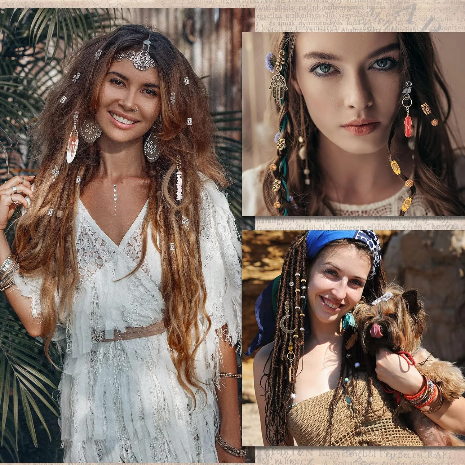 الکترون 150 عدد زیورآلات در dreadlock - تزئینات لوک سیمی کریستالی با مهره های چوبی تقلبی متنوع و دستبند مو برای لوازم جانبی بافت موی زنان و دختران