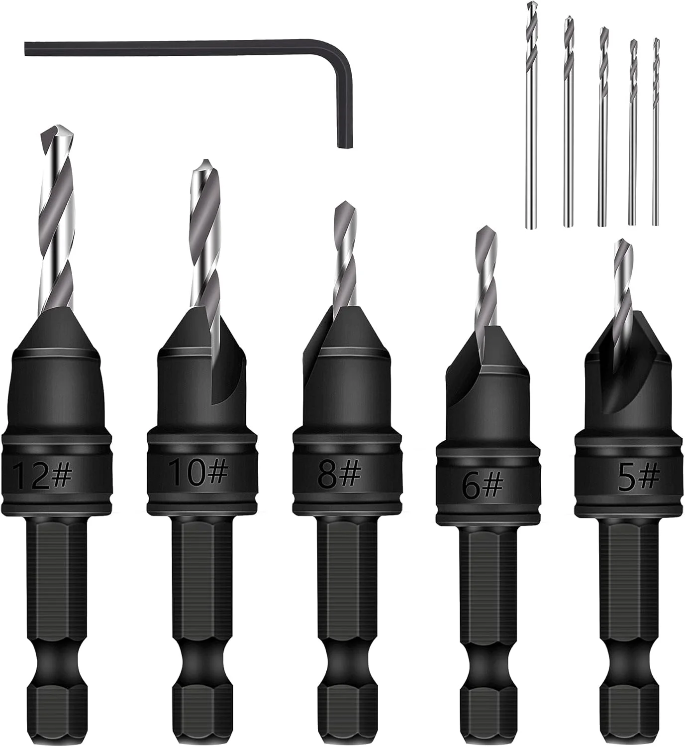 ست مته خزینه ELECDON با زاویه 82 درجه به همراه 5 مته HSS قابل تعویض، کیت ابزار سوراخکاری پخ زن قابل تنظیم با تغییر سریع 3/8 اینچی برای سوراخ های خزینه خلبان در چوب، 5 عددی