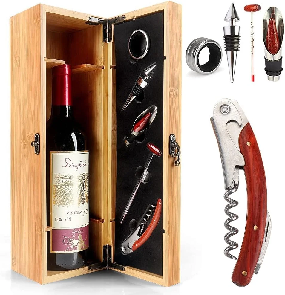 جعبه شراب ELECDON با 5 ابزار، ست هدیه بامبو چوبی، شیک، 1 حلقه چکه گیر، 1 چوب پنبه بازکن، 1 شراب ریز و 1 درپوش شراب، چوب، ایمن، نگهداری شراب، مواد با کیفیت جعبه شراب ELECDON با 5 ابزار، ست هدیه بامبو چوبی، شیک، 1 حلقه چکه گیر، 1 چوب پنبه بازکن، 1 شراب ریز و 1 درپوش شراب، چوب، ایمن، نگهداری شراب، مواد با کیفیت