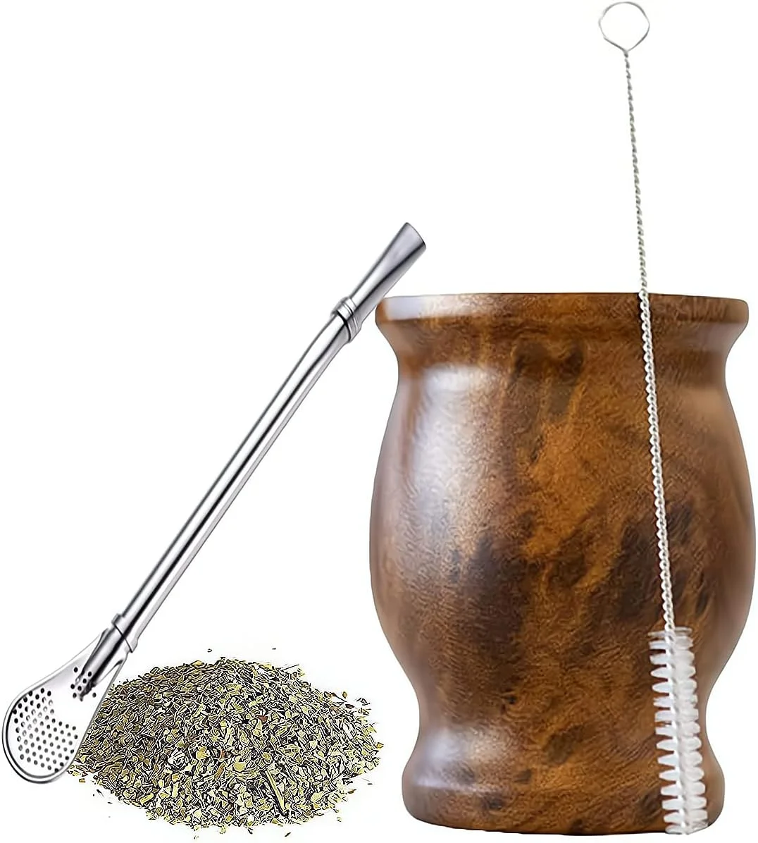 فنجان چای یربا ماته ELECDON، فنجان عایق خانگی با دیواره دوجداره استیل و شستشوی آسان، کدوهای ماته برای نوشیدن برگ های شل یربا ماته با نی بومبیلا، رنگ دانه چوب، 230 میلی لیتر