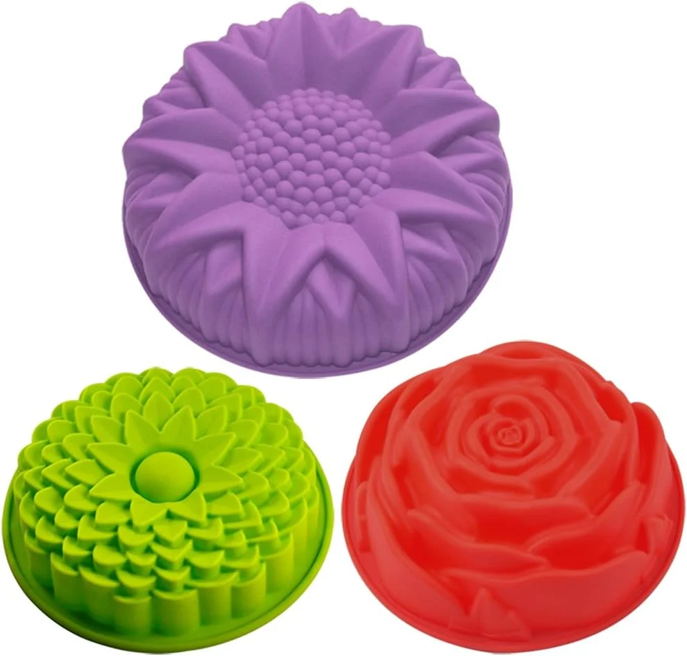 قالب سیلیکونی کیک، نان، پای، فلان و تارت طرح گل SENHAI، 3 عددی، قالب های بزرگ گرد آفتابگردان، گل داوودی و رز نچسب برای جشن تولد و DIY - زرد، قرمز، بنفش