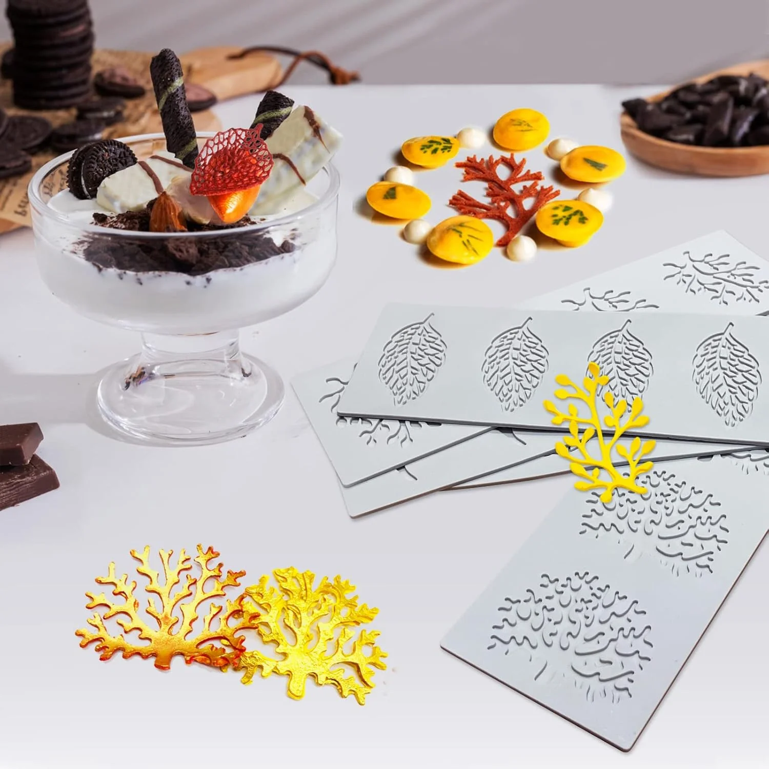 قالب سیلیکونی 5 تکه سان زاو گنگ برای پخت و پز و فوندانت - طرح های سه بعدی شاخه مرجانی، برگ توری، ایده آل برای کیک، خمیر پلیمری، رزین، شکر و تزئین دسر