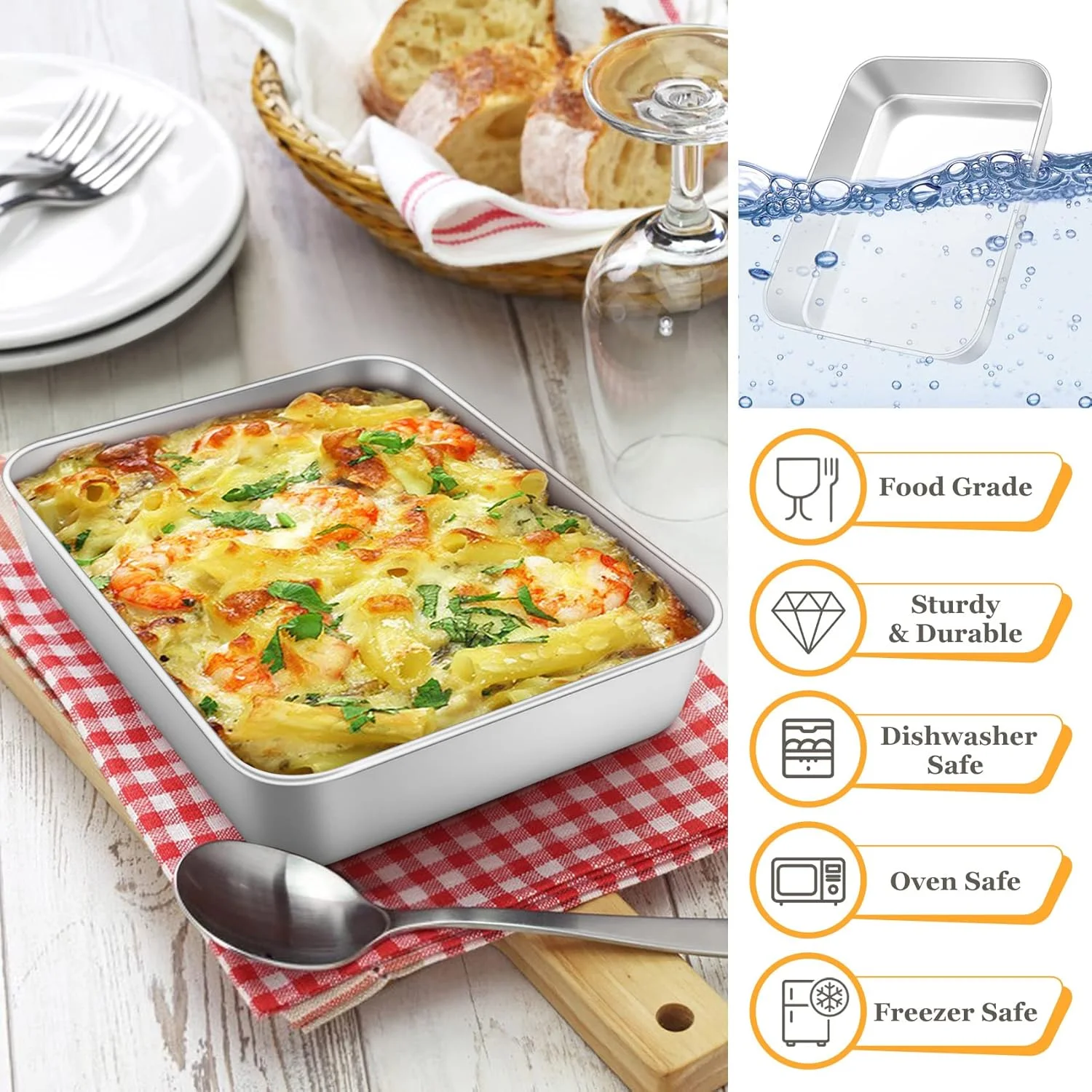 ست 2 عددی سینی فر کوچک اونادر، قالب کیک عمیق، سینی پخت استیل ضد زنگ، ایده آل برای کیک مستطیلی، لازانیا، کلوچه، پیتزا، سطح صاف و پرداخت برس خورده، قابل شستشو در ماشین ظرفشویی، 23x17x5 سانتی متر