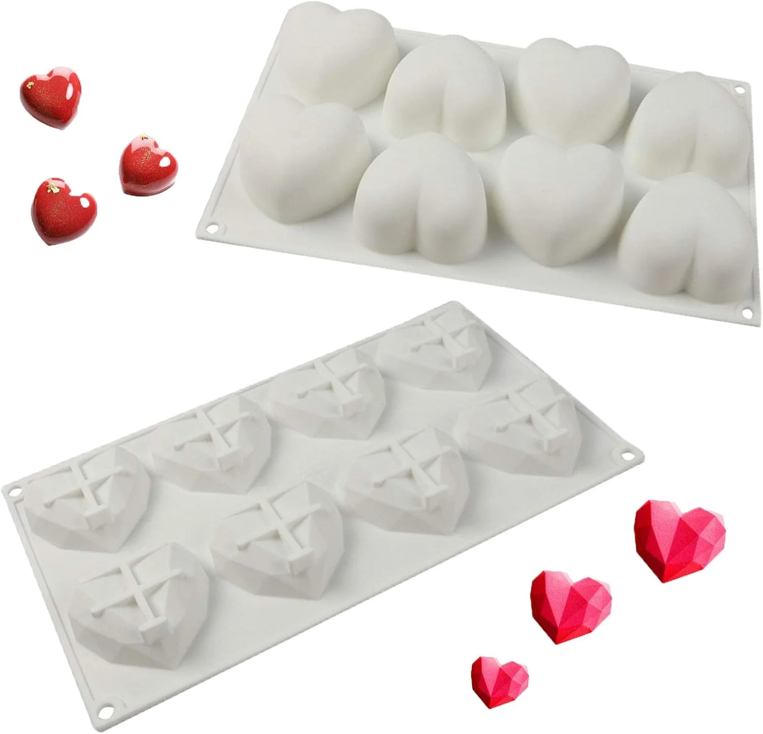قالب کیک قلبی POMNUG، 2 عدد، قالب موس قلبی الماسی سیلیکونی درجه غذایی 8 خانه، قالب شکلات قلبی برای بستنی، کیک تولد، نان، پخت
