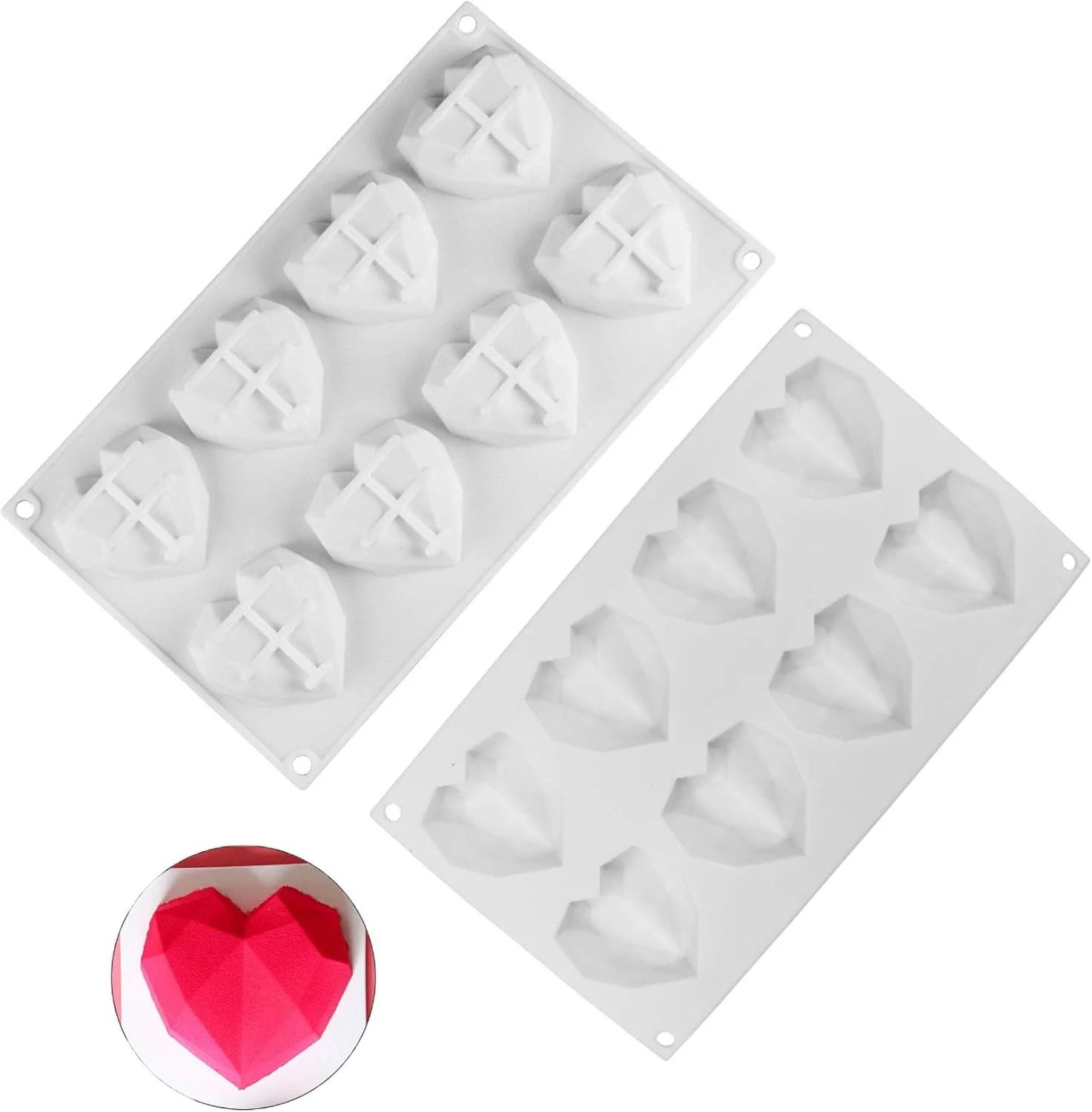 قالب کیک قلبی POMNUG، 2 عدد، قالب موس قلبی الماسی سیلیکونی درجه غذایی 8 خانه، قالب شکلات قلبی برای بستنی، کیک تولد، نان، پخت
