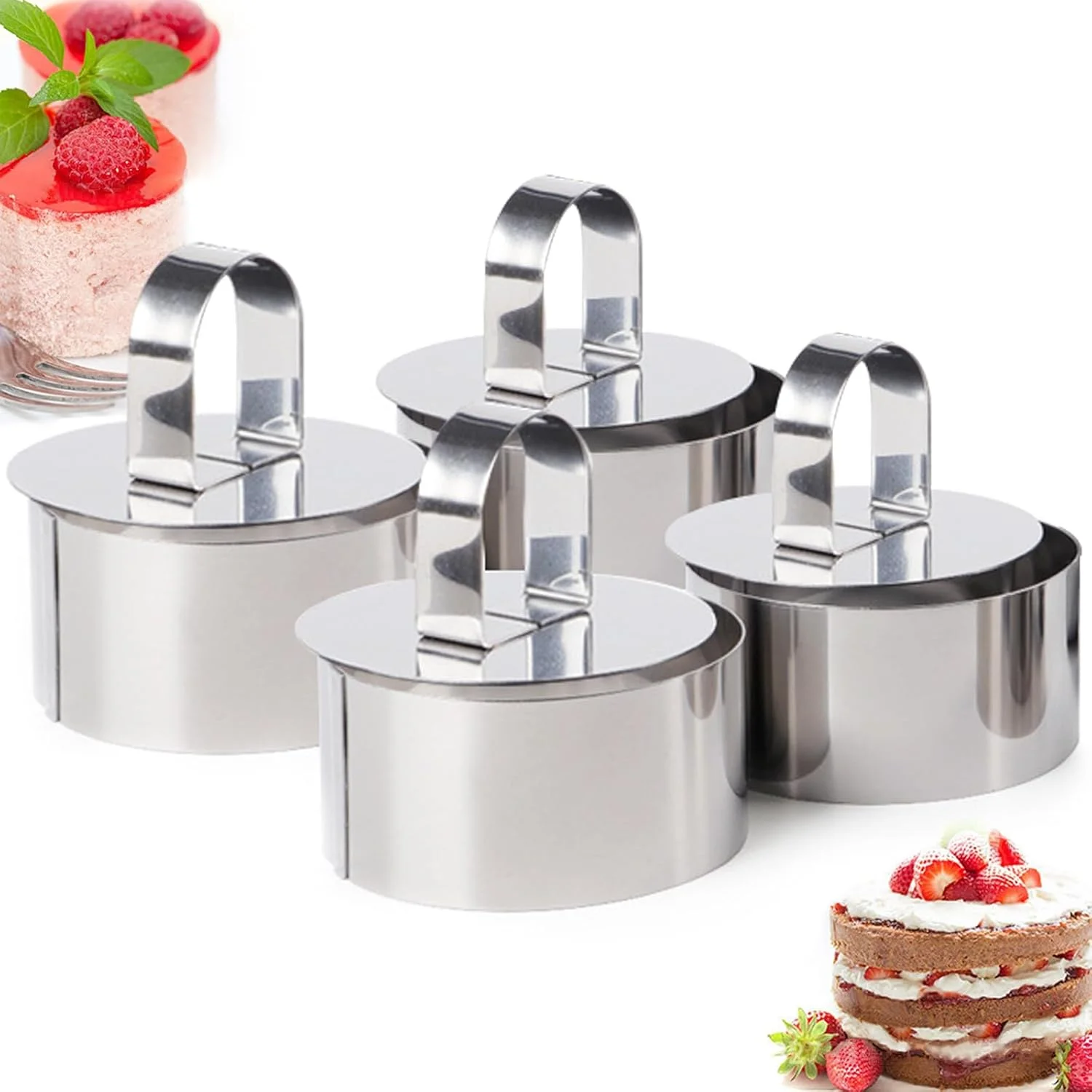 قالب حلقه ای کیک گرد Oasisgalore بسته 4 عددی، قالب های حلقه ای استیل ضد زنگ برای پخت کیک موس، حلقه های پخت، حلقه های فرم دهنده با فشار دهنده و بالابر برای دسر، شیرینی، کلوچه تخم مرغ، 3.15 اینچ