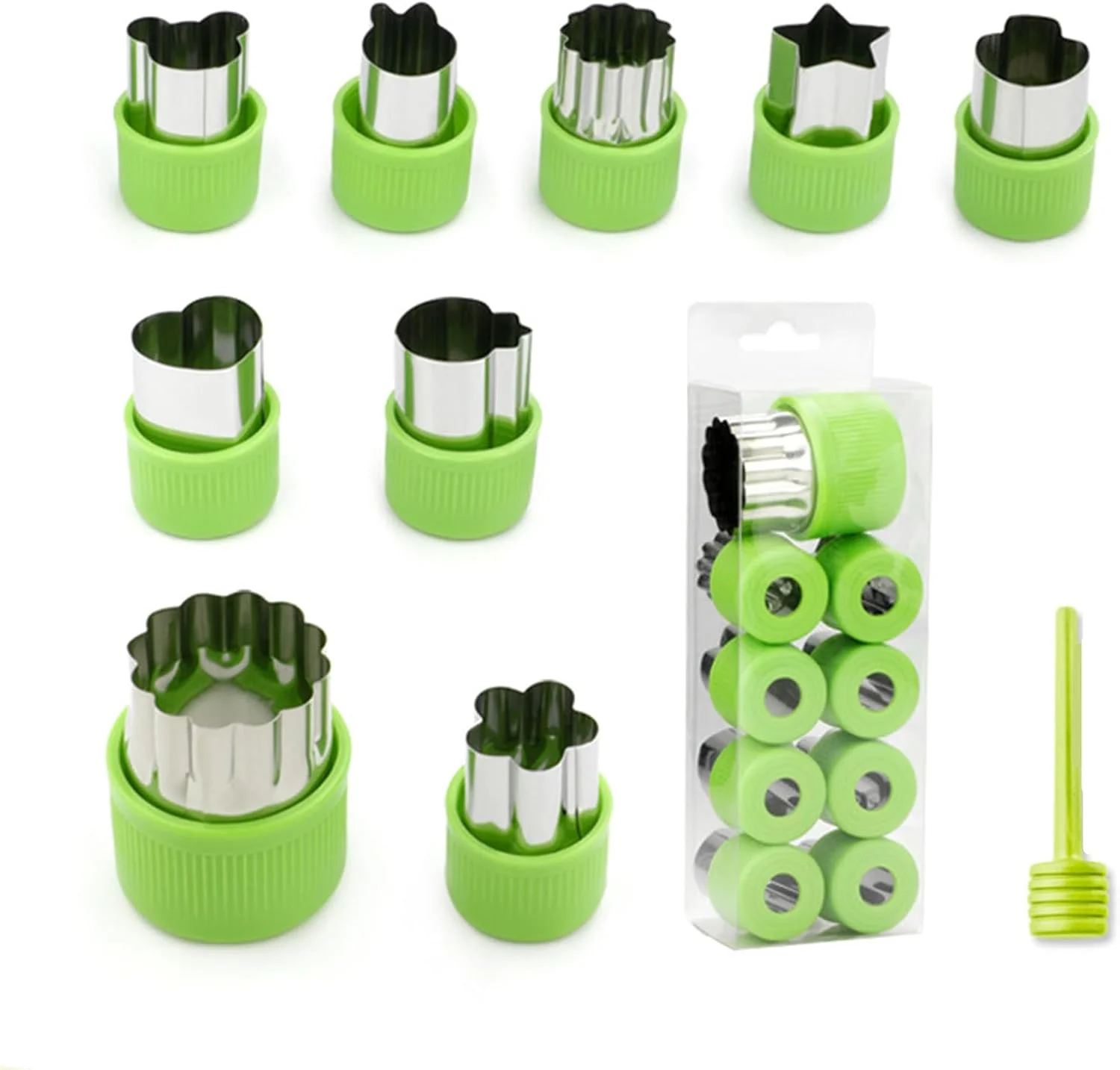 ناشریو قالب برش کوکی و میوه استیل ضد زنگ با روکش پلاستیکی در 9 شکل و اندازه مختلف، مجموعه قالب های سبزیجات و کوکی برای پخت و پز کودکان (سبز)