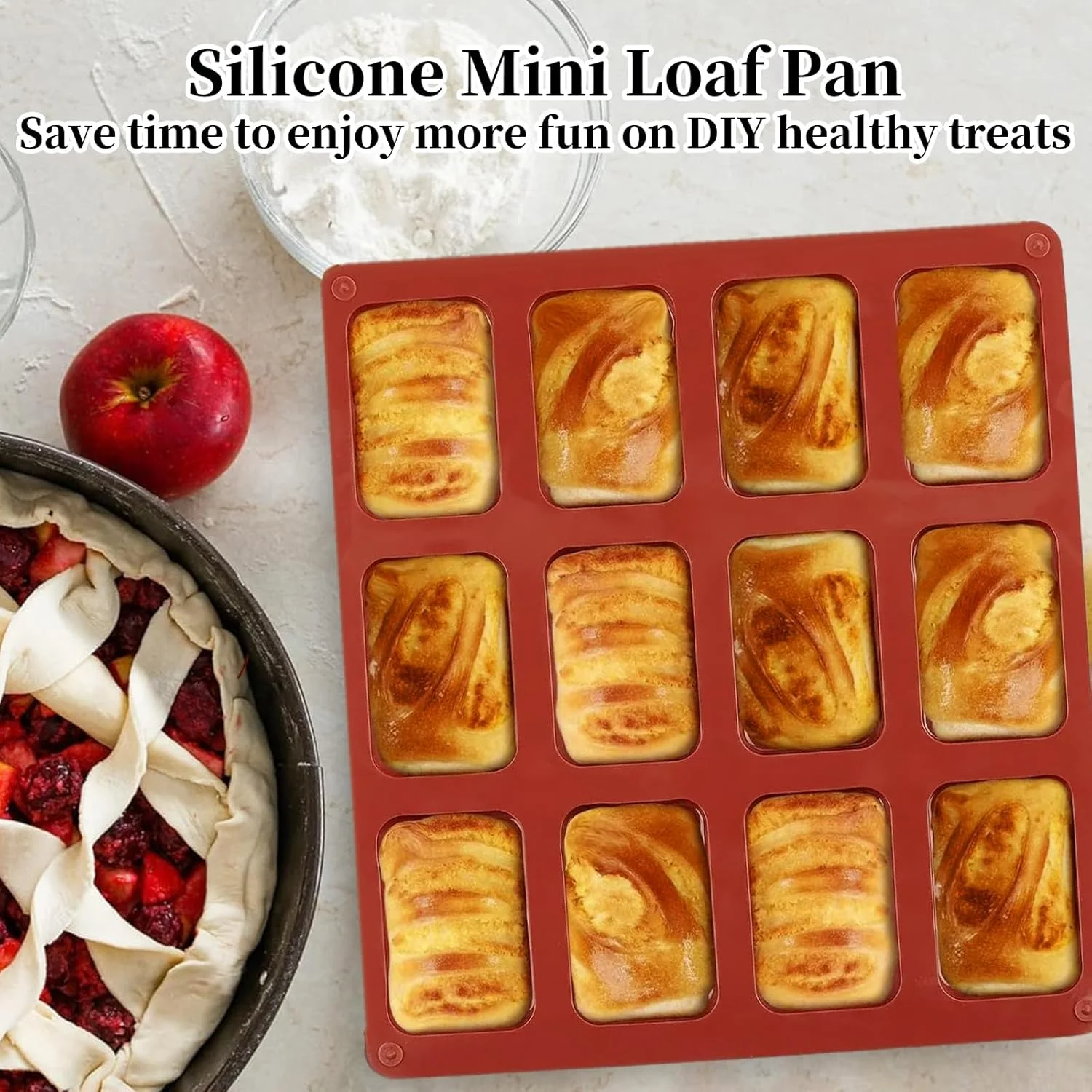 قالب مینی نان سیلیکونی نالاینا، قالب نچسب مینی نان، قالب پخت نان سیلیکونی 12 حفره ای، مناسب برای کیک و نان مینی لوف، گوشت لوف، درجه مواد غذایی و بدون BPA