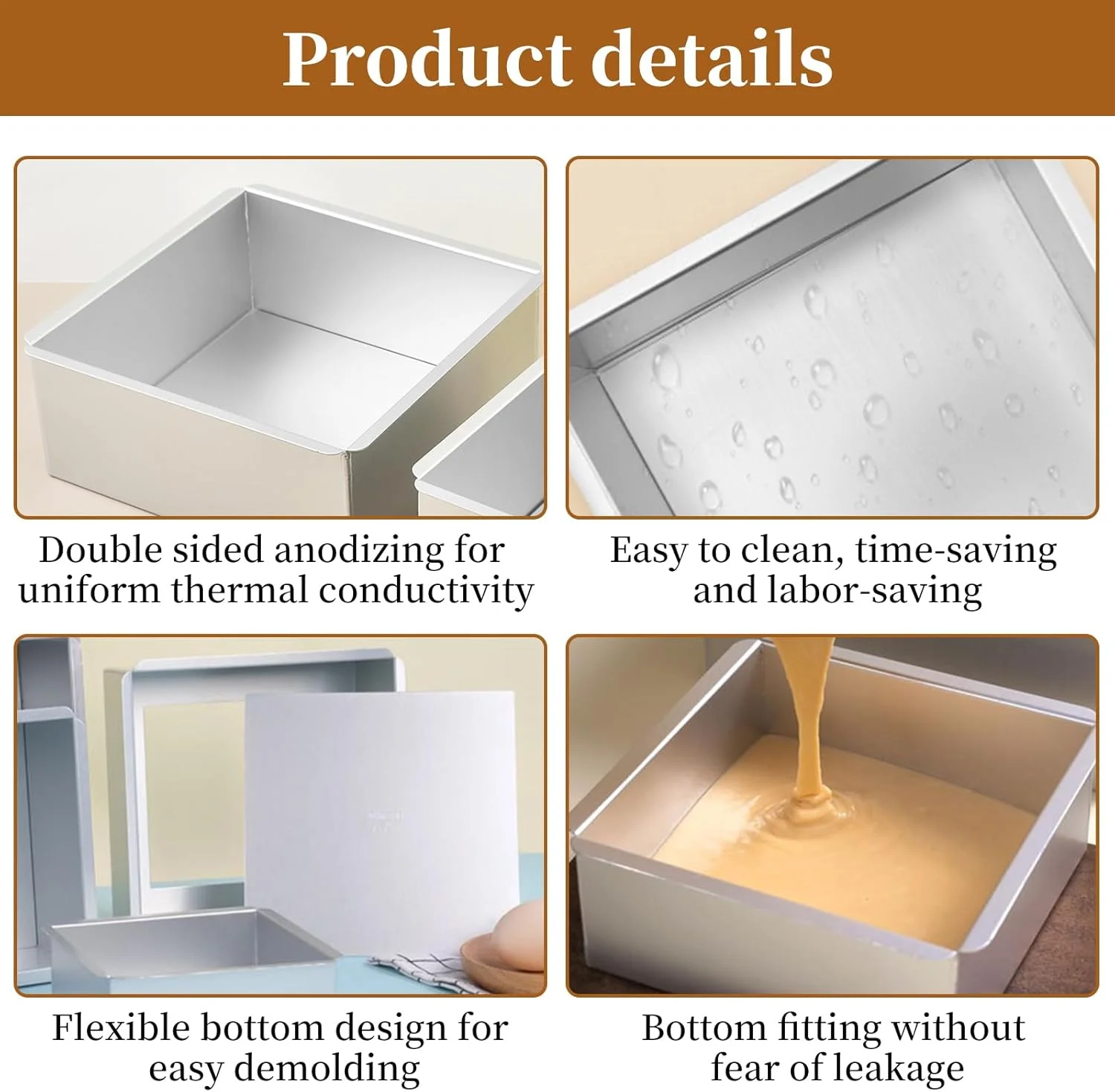 قالب کیک مربع 5 اینچی نالینا از جنس آلومینیوم آنودایز شده با کف جداشدنی، قالب پخت کیک شیفون