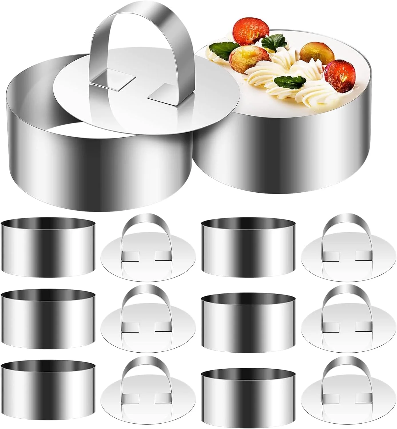 قالب حلقه ای کیک گرد NALACAL، قالب های موس دسر استیل ضد زنگ با فشار دهنده، ست قالب حلقه ای شیرینی پزی حرفه ای 8 عددی، قالب حلقه ای کیک کوچک 8 × 4 سانتی متر / 3.15 × 1.5 اینچ