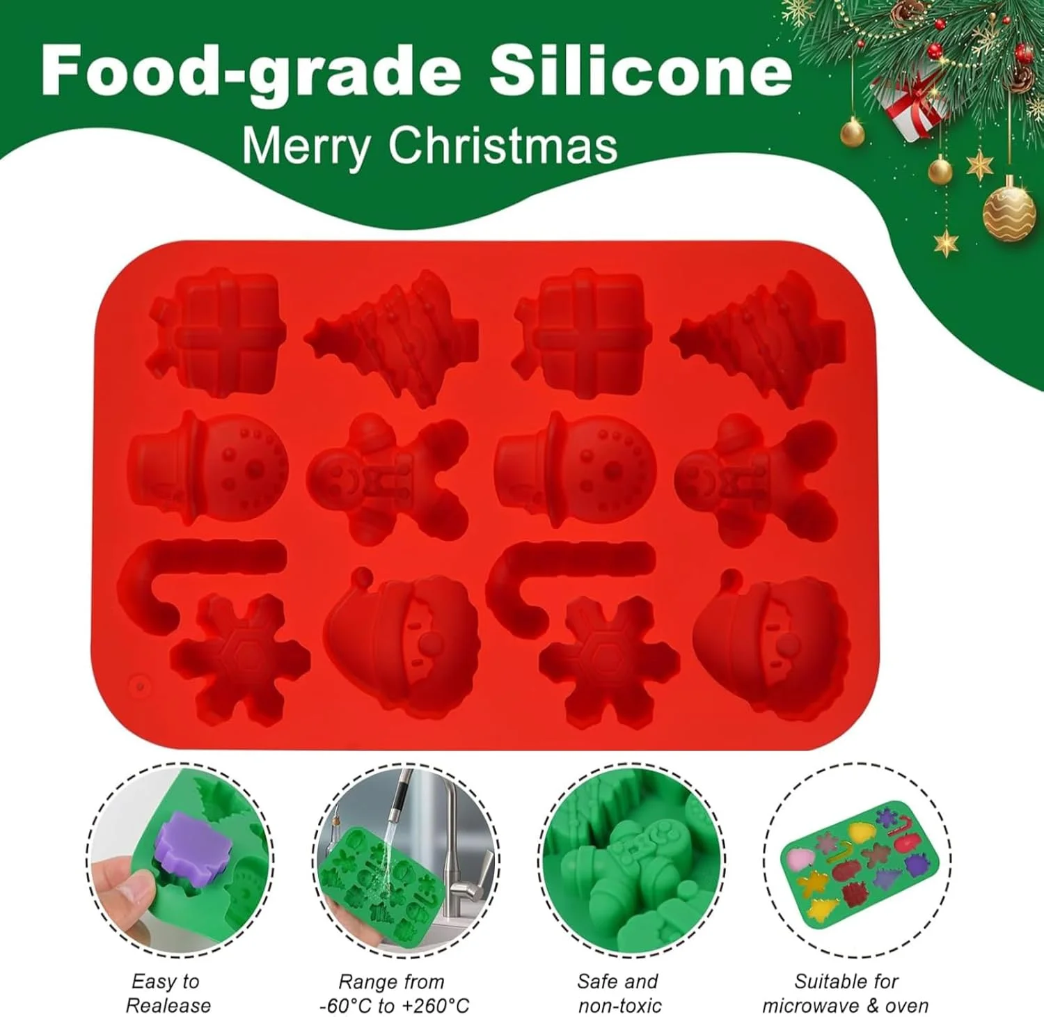 قالب شکلات کریسمس نسلین 2 عددی، قالب کریسمس سیلیکونی تعطیلات، درخت کریسمس، نان زنجبیلی، دانه برف، آدم برفی، قالب بابانوئل برای پخت شیرینی، ژله، یخ، شکر، تزیین کیک