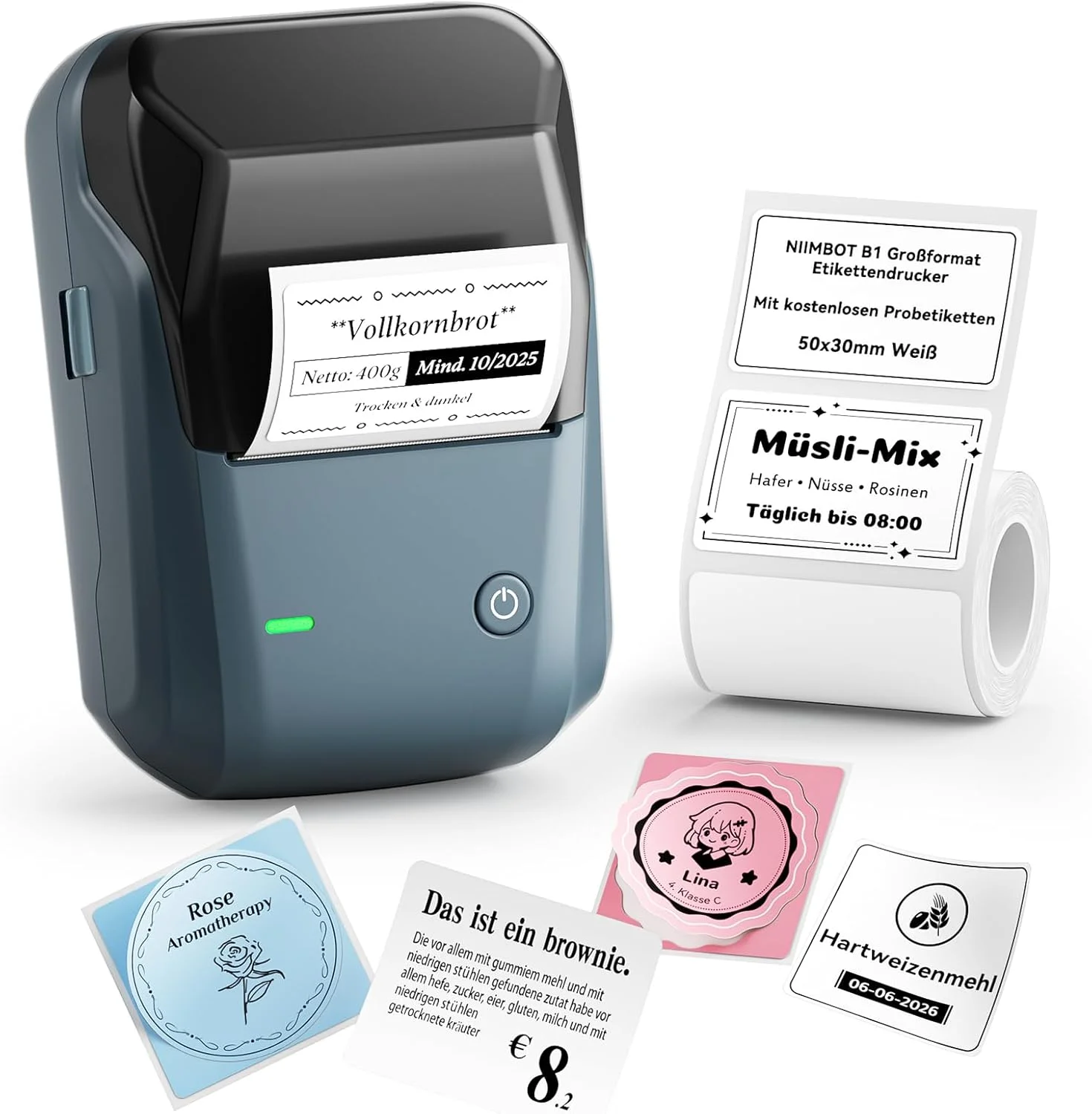 چاپگر لیبل NIIMBOT B1 با لیبل های ضد آب، خود چسب، دستگاه لیبل قابل حمل، چاپگر لیبل بلوتوثی، چاپگر برچسب برای لوازم مدرسه، برچسب قیمت، لوگو، آدرس، سرمه ای