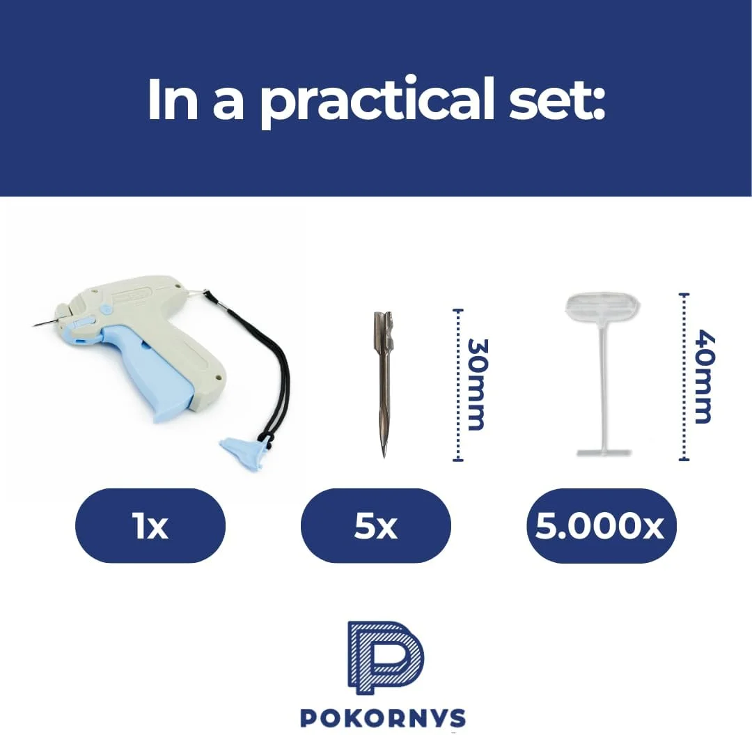 تفنگ برچسب زن استاندارد Pokornys Banok 503S به همراه 5 سوزن یدکی + 5000 بست Banok Microspace 40 mm - تفنگ بست برای اتصال برچسب قیمت به پارچه های نساجی مانند لباس و غیره