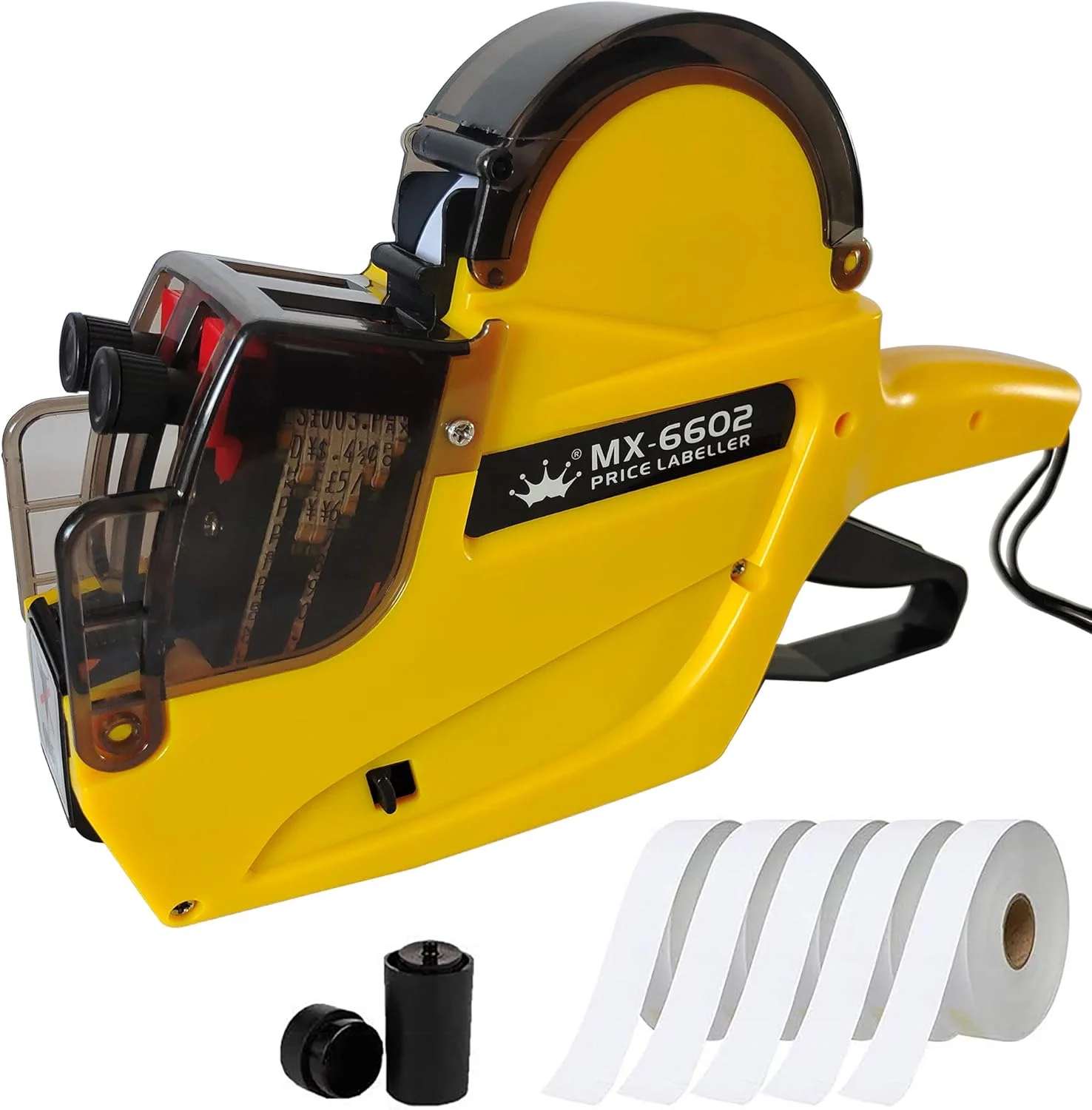 دستگاه قیمت زن برچسب HC Kenshin MX6602، تفنگ قیمت گذاری 2 خطی 20 بیتی، همراه با 2500 برچسب و 1 غلطک جوهر، تفنگ قیمت زن برچسب، کیت تفنگ برچسب عددی برای دفتر، فروشگاه خرده فروشی (زرد)