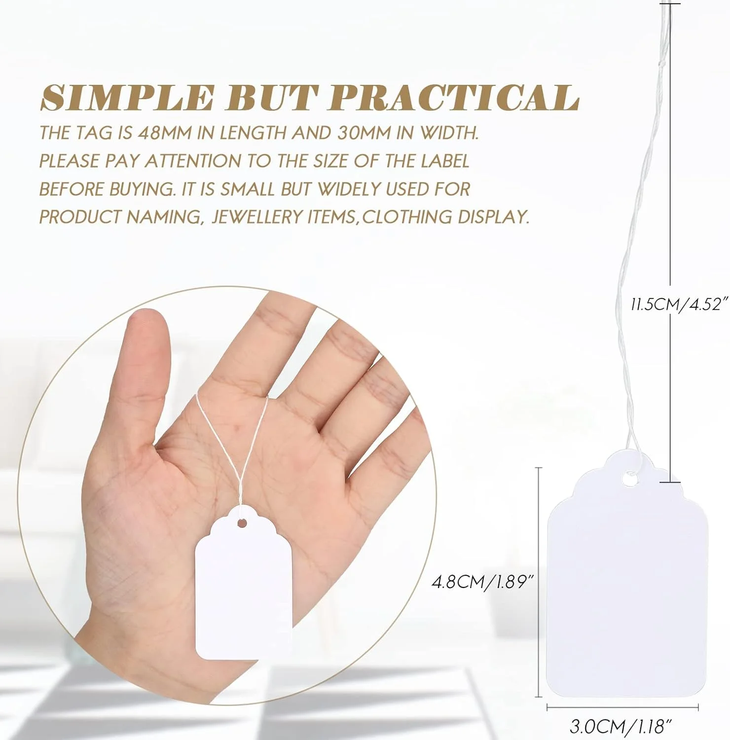 برچسب قیمت HBSTUDIO با نخ متصل، برچسب سفید علامت گذاری، برچسب های کاغذی کوچک قیمت، برچسب آویز لباس، برچسب های خالی برای قیمت گذاری جواهرات، حراج حیاط، خرده فروشی (500 عدد)
