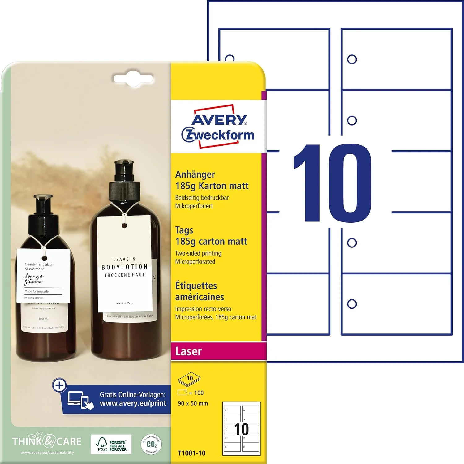 برچسب های محکم AVERY Zweckform T1002-10 بسته 150 عددی به همراه نخ (50 × 50 میلی متر روی A4، قابل چاپ در دو طرف، پرفراژ بسیار ظریف، برچسب هدیه، برچسب قیمت) مقوا 185 گرم، سفید