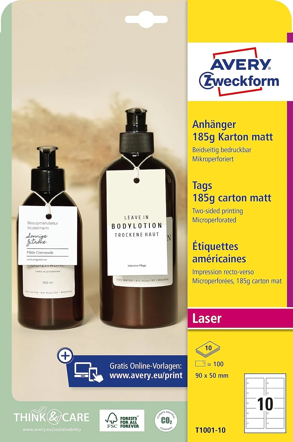 برچسب های محکم AVERY Zweckform T1002-10 بسته 150 عددی به همراه نخ (50 × 50 میلی متر روی A4، قابل چاپ در دو طرف، پرفراژ بسیار ظریف، برچسب هدیه، برچسب قیمت) مقوا 185 گرم، سفید