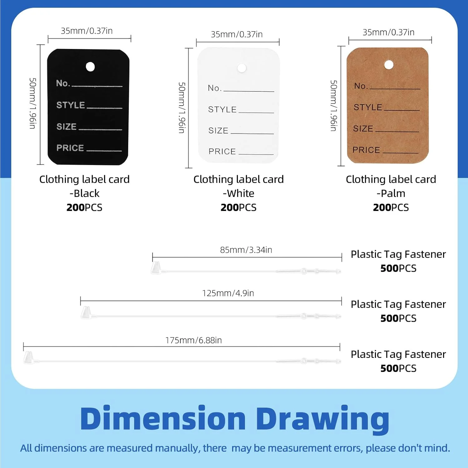 مجموعه 2100 عددی برچسب قیمت و نخ آویز Glarks، شامل 1500 عدد بست پلاستیکی شفاف 8.5cm، 12.5cm، 17.5cm و 600 عدد برچسب کاغذی نمایشگر 3.5 x 5cm مشکی، سفید، قهوه ای