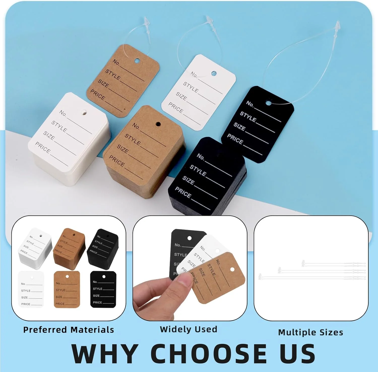 مجموعه 2100 عددی برچسب قیمت و نخ آویز Glarks، شامل 1500 عدد بست پلاستیکی شفاف 8.5cm، 12.5cm، 17.5cm و 600 عدد برچسب کاغذی نمایشگر 3.5 x 5cm مشکی، سفید، قهوه ای