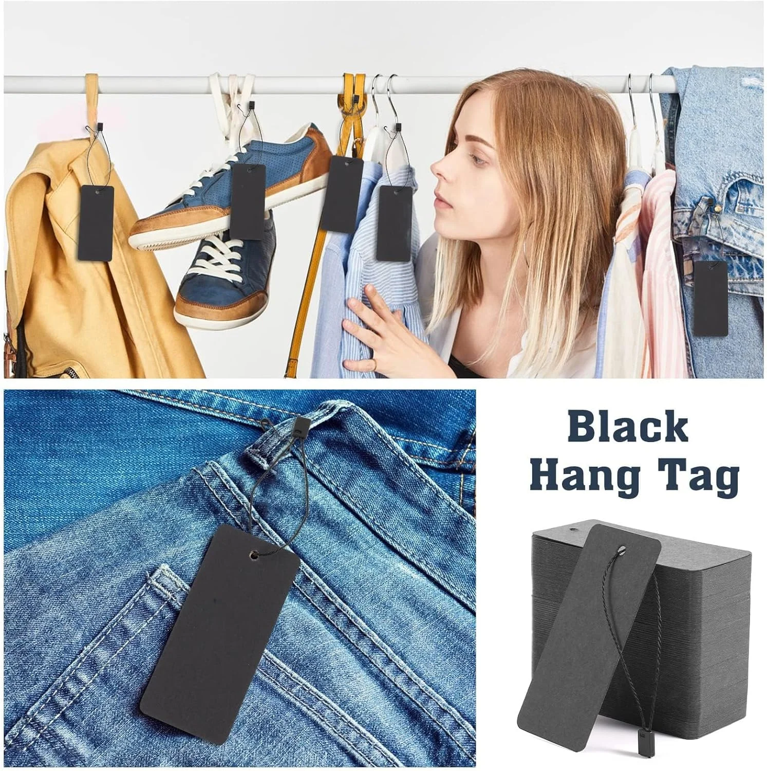 مجموعه 300 عددی برچسب قیمت مشکی خزنا با نخ الاستیک و سنجاق قفلی، برچسب لباس سفارشی، برچسب آویز کاغذی کرافت مشکی، برچسب محصول نخی برای نمایش لباس و صنایع دستی (1.57" x 3.54")