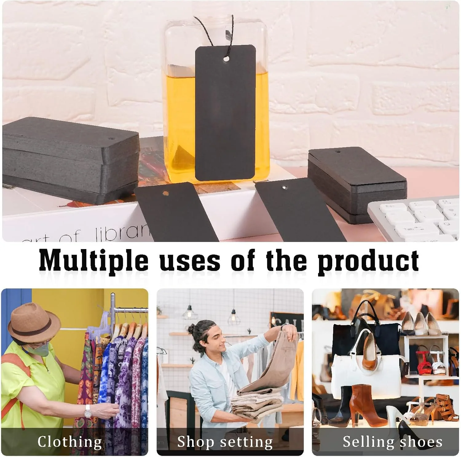 مجموعه 300 عددی برچسب قیمت مشکی خزنا با نخ الاستیک و سنجاق قفلی، برچسب لباس سفارشی، برچسب آویز کاغذی کرافت مشکی، برچسب محصول نخی برای نمایش لباس و صنایع دستی (1.57" x 3.54")