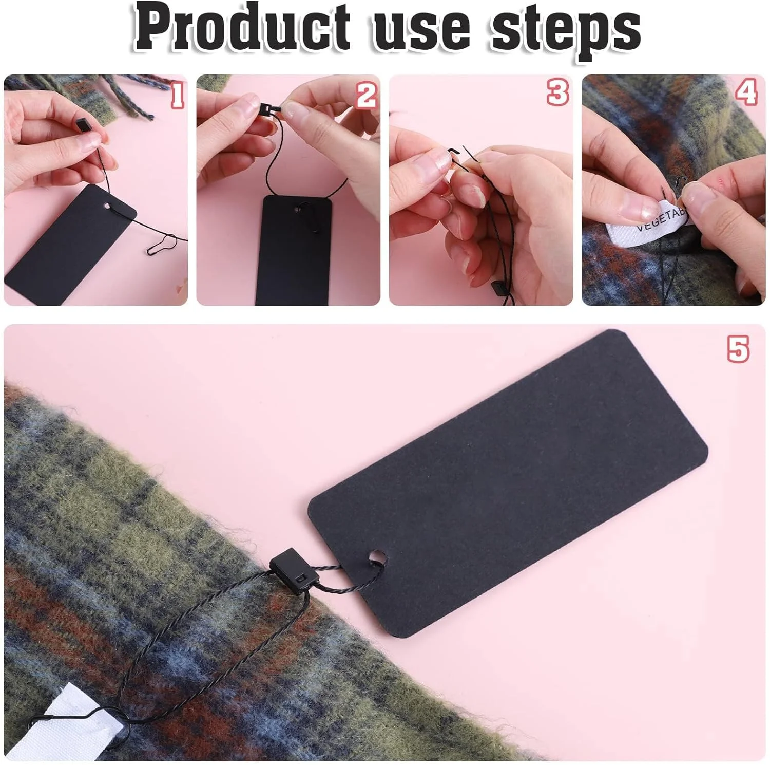 مجموعه 300 عددی برچسب قیمت مشکی خزنا با نخ الاستیک و سنجاق قفلی، برچسب لباس سفارشی، برچسب آویز کاغذی کرافت مشکی، برچسب محصول نخی برای نمایش لباس و صنایع دستی (1.57" x 3.54")