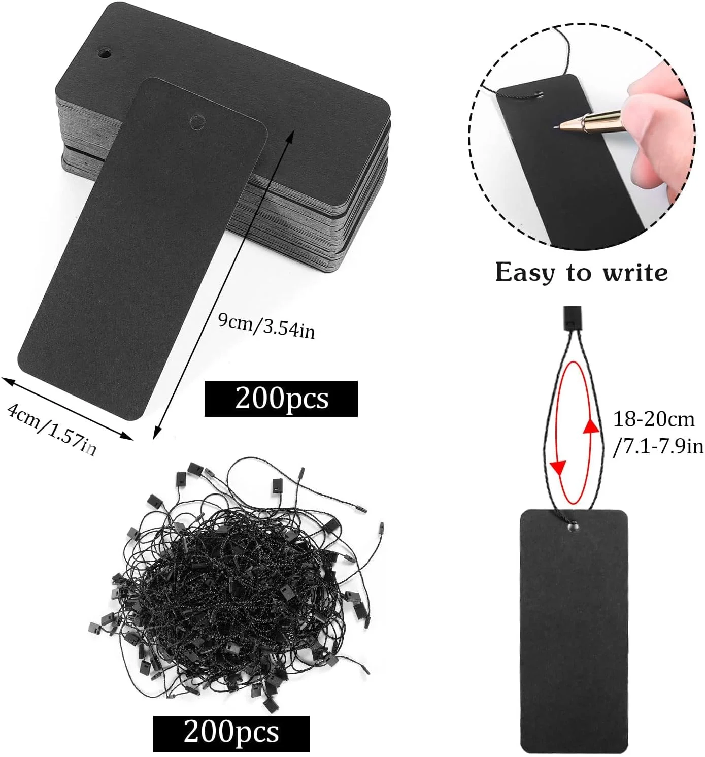 نخ آویز تگ Excefore، 200 عدد تگ هدیه مشکی با نخ، تگ قیمت بزرگ با نخ آویز مشکی، تگ هدیه کاغذی کرافت، تگ محصول برای تگ قیمت، لباس، کیسه های هدیه، اتصال آسان و سریع