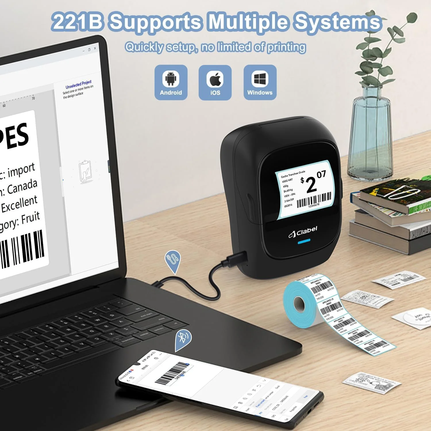 چاپگر حرارتی برچسب قابل حمل KASTWAVE، چاپگر بارکد بلوتوثی 221B 2 اینچی، دستگاه برچسب ساز بی سیم سازگار با iOS و Android برای مشاغل کوچک به همراه 1 رول برچسب 40x30 میلی متری چاپگر حرارتی برچسب قابل حمل KASTWAVE، چاپگر بارکد بلوتوثی 221B 2 اینچی، دستگاه برچسب ساز بی سیم سازگار با iOS و Android برای مشاغل کوچک به همراه 1 رول برچسب 40x30 میلی متری