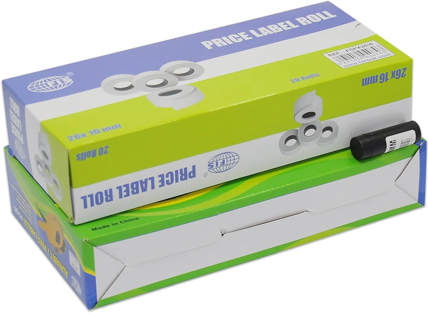 دستگاه قیمت زن و تاریخ زن FIS® (مدل FSPX04RE)، رنگ قرمز، مجموعه ترکیبی شامل 20 رول برچسب سایز 26x16 میلی متر (FSPX2616)، 1 عدد رول کارتریج جوهر (FSIK25MM) - FSSQPX04RE