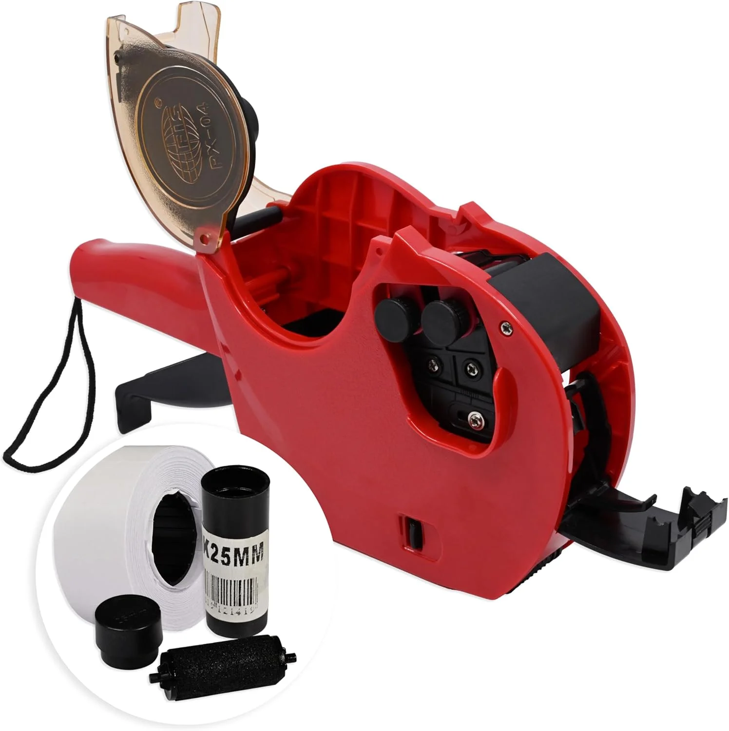 دستگاه قیمت زن و تاریخ زن FIS® (مدل FSPX04RE)، رنگ قرمز، مجموعه ترکیبی شامل 20 رول برچسب سایز 26x16 میلی متر (FSPX2616)، 1 عدد رول کارتریج جوهر (FSIK25MM) - FSSQPX04RE