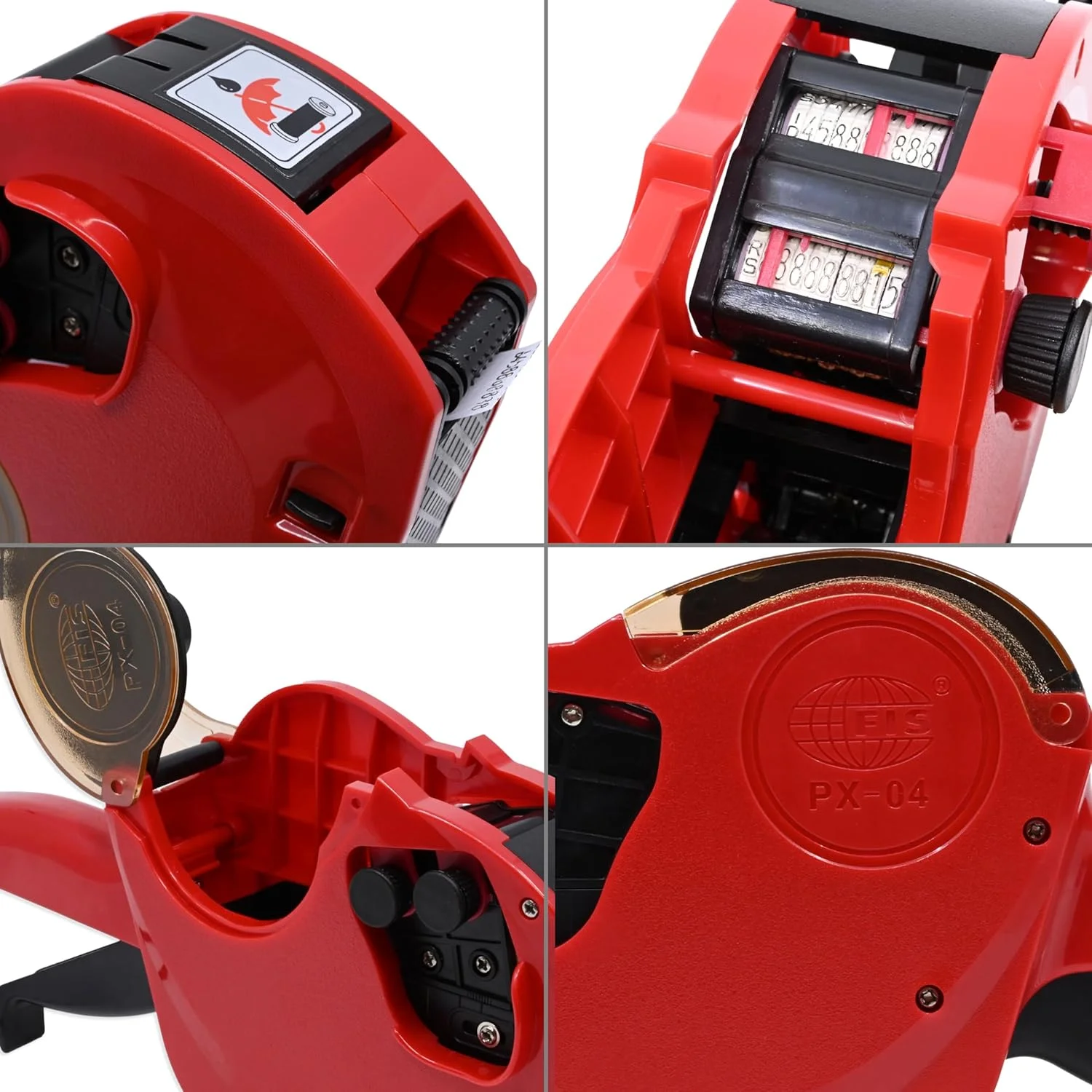 دستگاه قیمت زن و تاریخ زن FIS® (مدل FSPX04RE)، رنگ قرمز، مجموعه ترکیبی شامل 20 رول برچسب سایز 26x16 میلی متر (FSPX2616)، 1 عدد رول کارتریج جوهر (FSIK25MM) - FSSQPX04RE