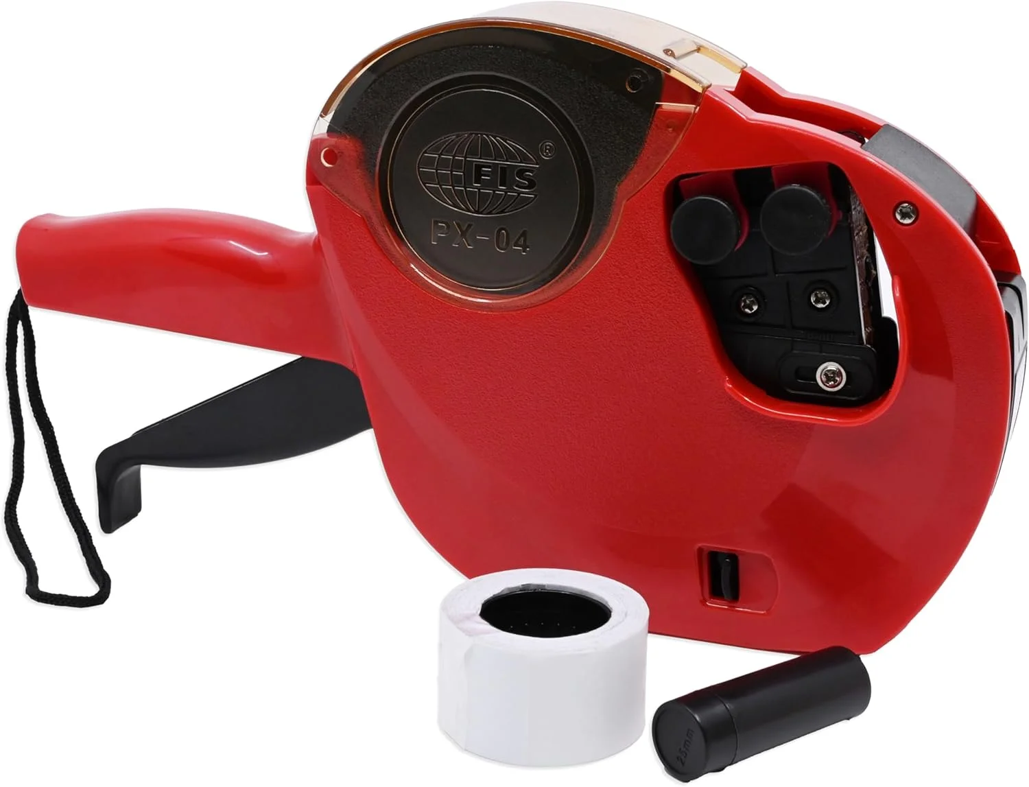 دستگاه قیمت زن و تاریخ زن FIS® (مدل FSPX04RE)، رنگ قرمز، مجموعه ترکیبی شامل 20 رول برچسب سایز 26x16 میلی متر (FSPX2616)، 1 عدد رول کارتریج جوهر (FSIK25MM) - FSSQPX04RE