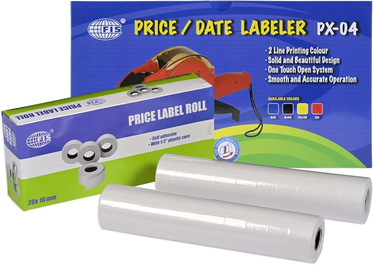 دستگاه قیمت زن و تاریخ زن FIS® (مدل FSPX04RE)، رنگ قرمز، مجموعه ترکیبی شامل 20 رول برچسب سایز 26x16 میلی متر (FSPX2616)، 1 عدد رول کارتریج جوهر (FSIK25MM) - FSSQPX04RE