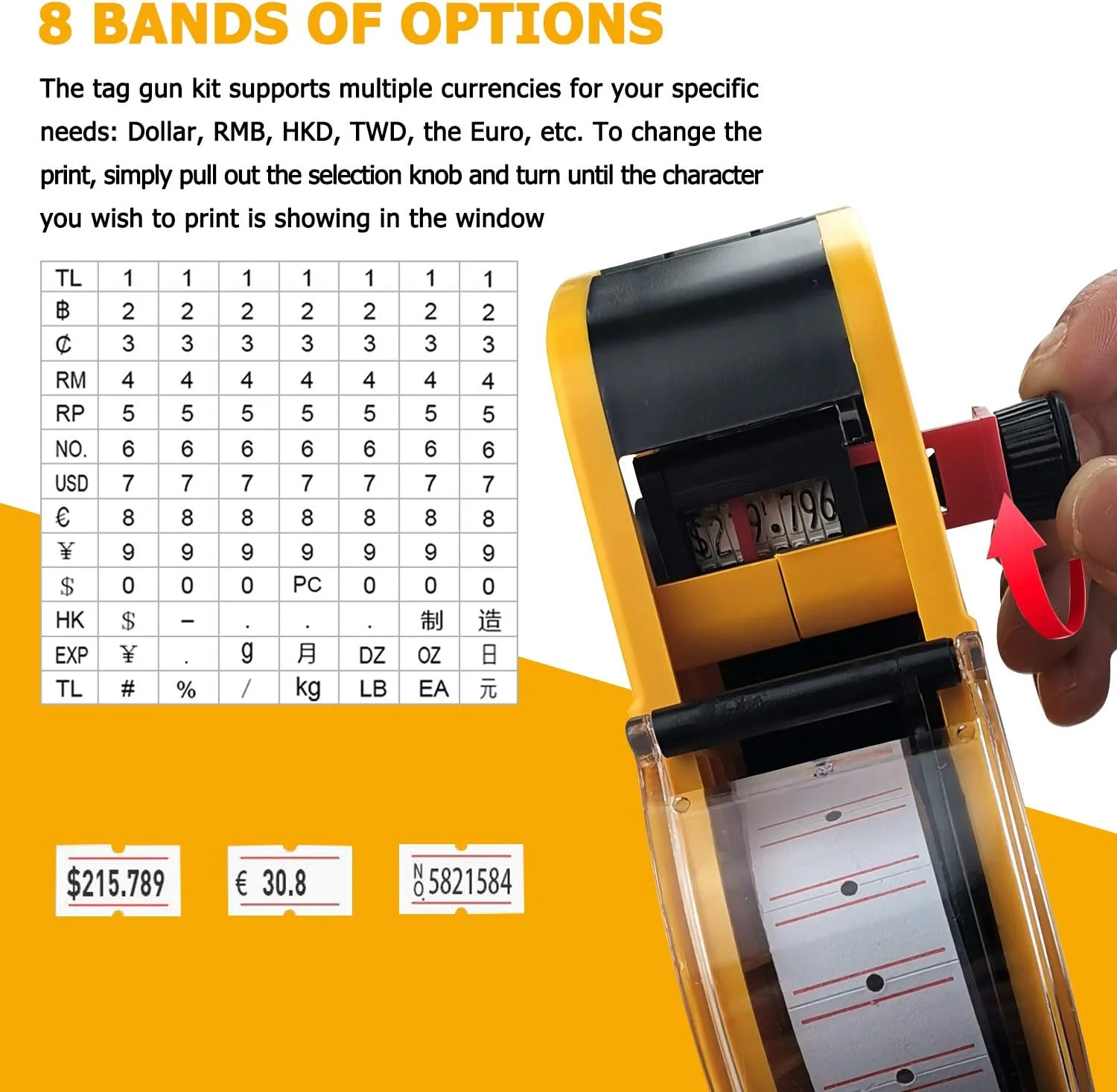 دستگاه قیمت زن 8 رقمی MX-5500 به همراه 5000 برچسب سفید و 3 جوهر اضافی، مناسب برای قیمت گذاری در فروشگاه ها (زرد)